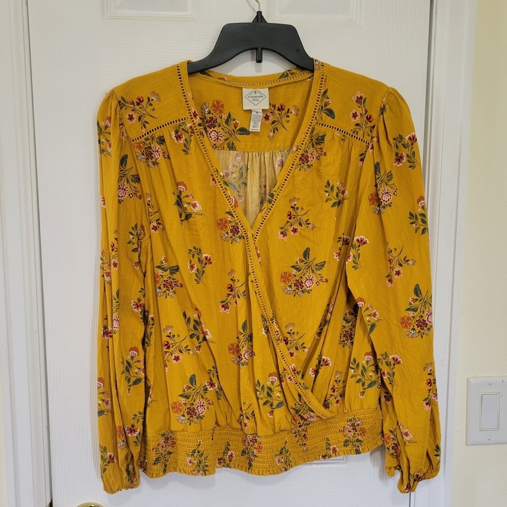 St Johns Bay Mustard Yellow Floral Faux Wrap Blouse XL Long Sleeve Smocked Waist